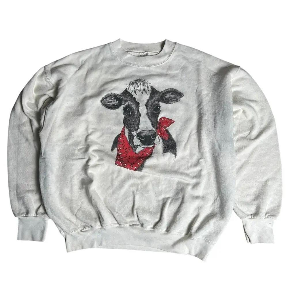 Vintage 90s Cow Fruit Of the Loom Sweatshirt XL White Crew